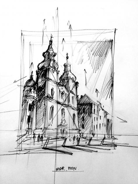 Szkic kościoła w Budapeszcie.